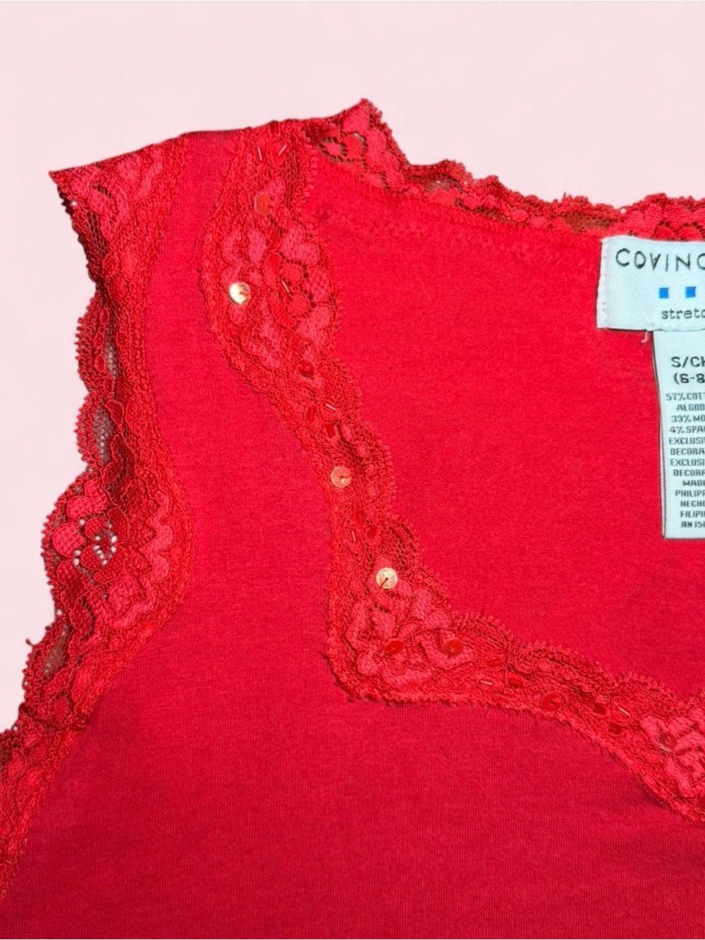 Covington Y2K Red Lace Trim Sequin Beaded Camisole Tank Top Stretch Small 6 8 - Picture 3 of 6